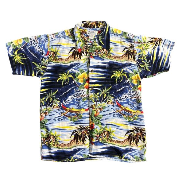 Avanti Button 100% Silk Aloha Hawaii Islands Landscape Shirt Floral Print Sz L - Picture 1 of 16